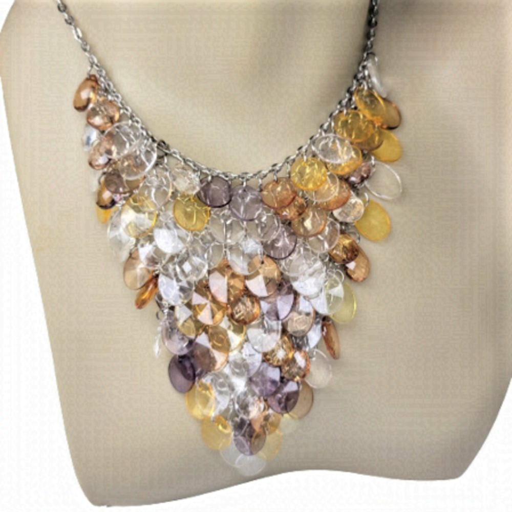 Waterfall Necklace Brown and Yellow Clear Lucite Bead Bib Necklace